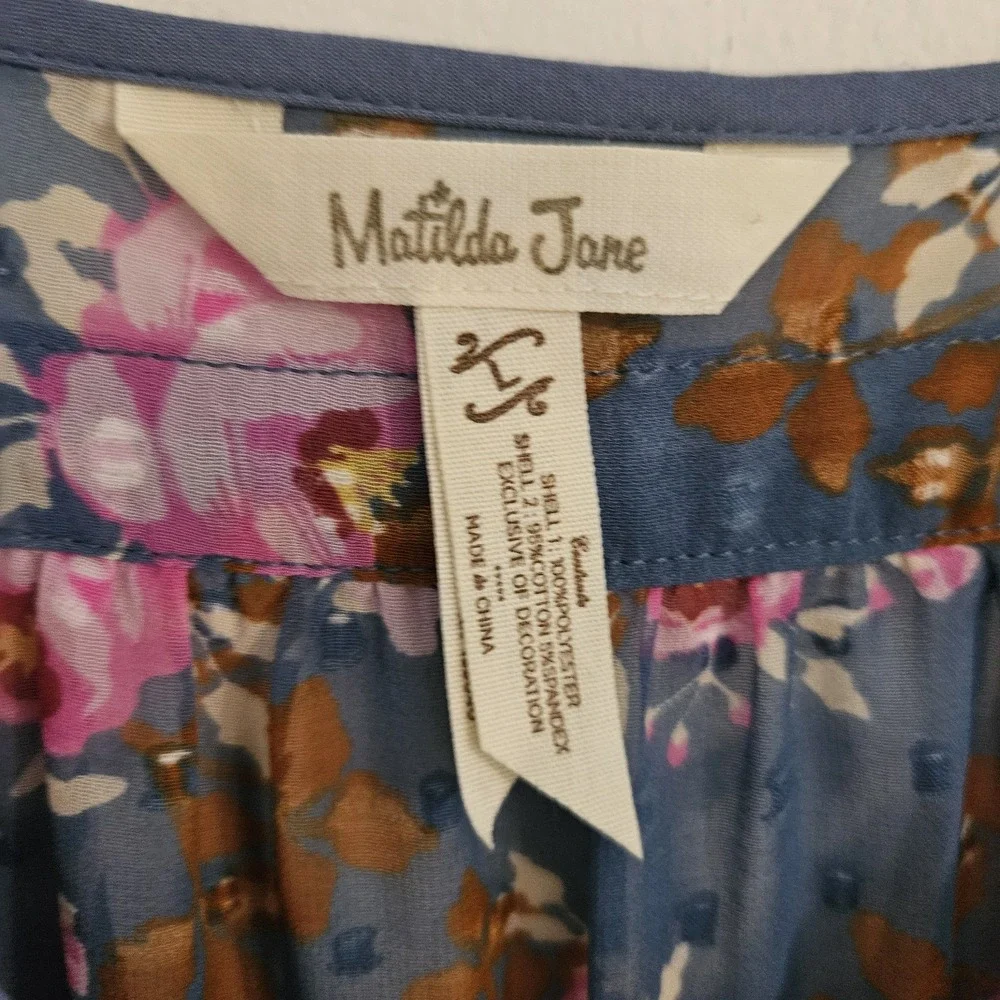 Matilda Jane Floral Flutter Twirl Dress L Women Balloon Sleeve Swiss Dot Midi Bl - Picture 5 of 11